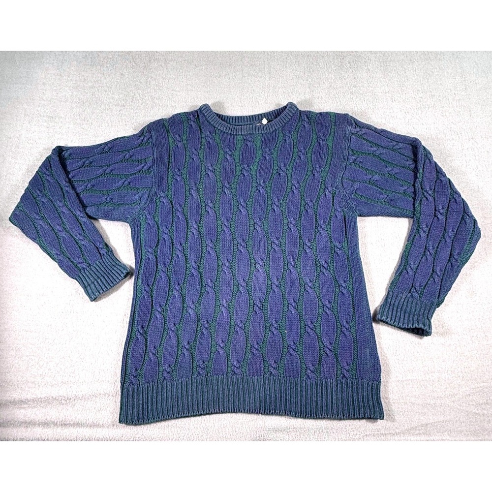 Vtg 80s Huntington Cable Knit Sweater USA Blue Green Mens M Heritage Americana